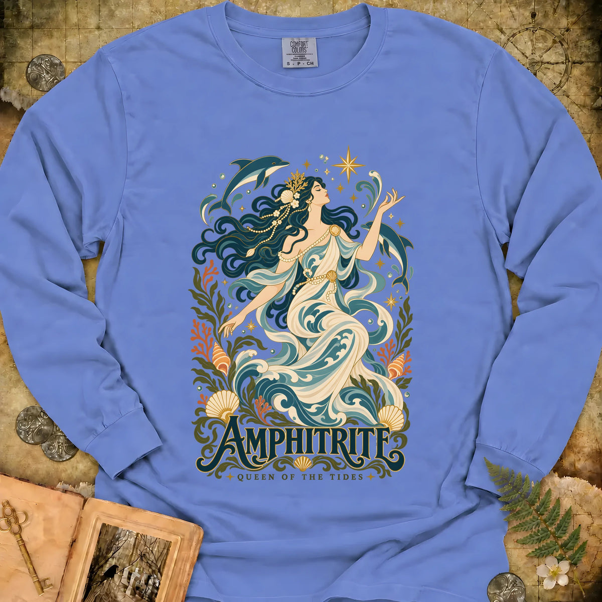 Amphitrite - Queen Of The Tides Long Sleeve T-Shirt - Flo Blue