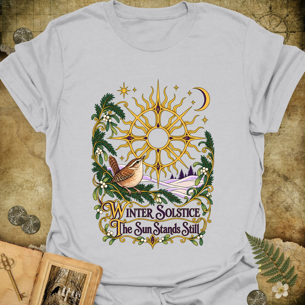Ornate Winter Solstice Sun Wreath T-Shirt - Ice Grey