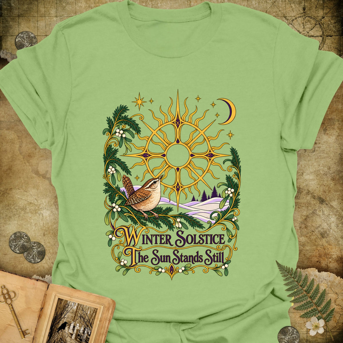 Ornate Winter Solstice Sun Wreath T-Shirt - Kiwi