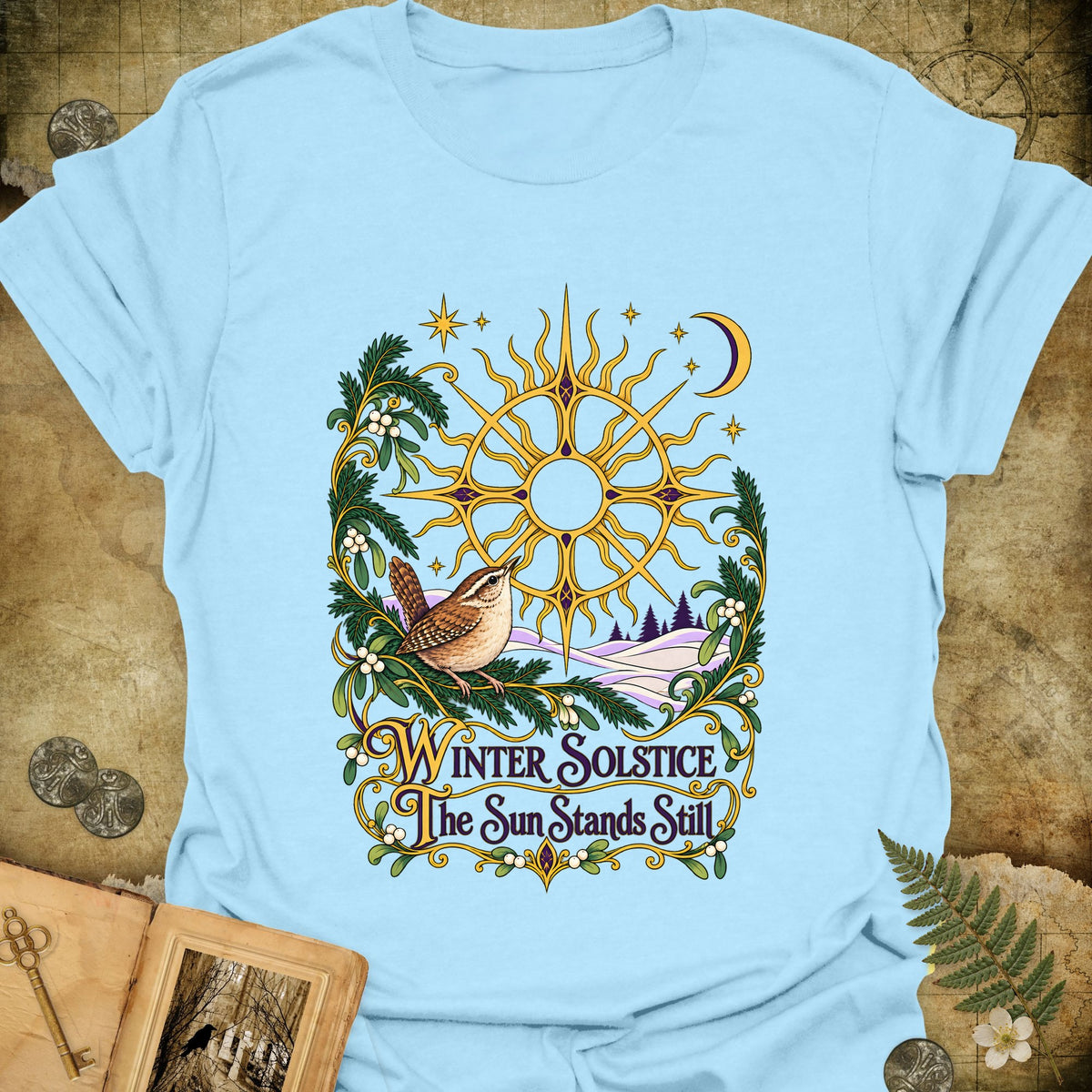 Ornate Winter Solstice Sun Wreath T-Shirt - Light Blue