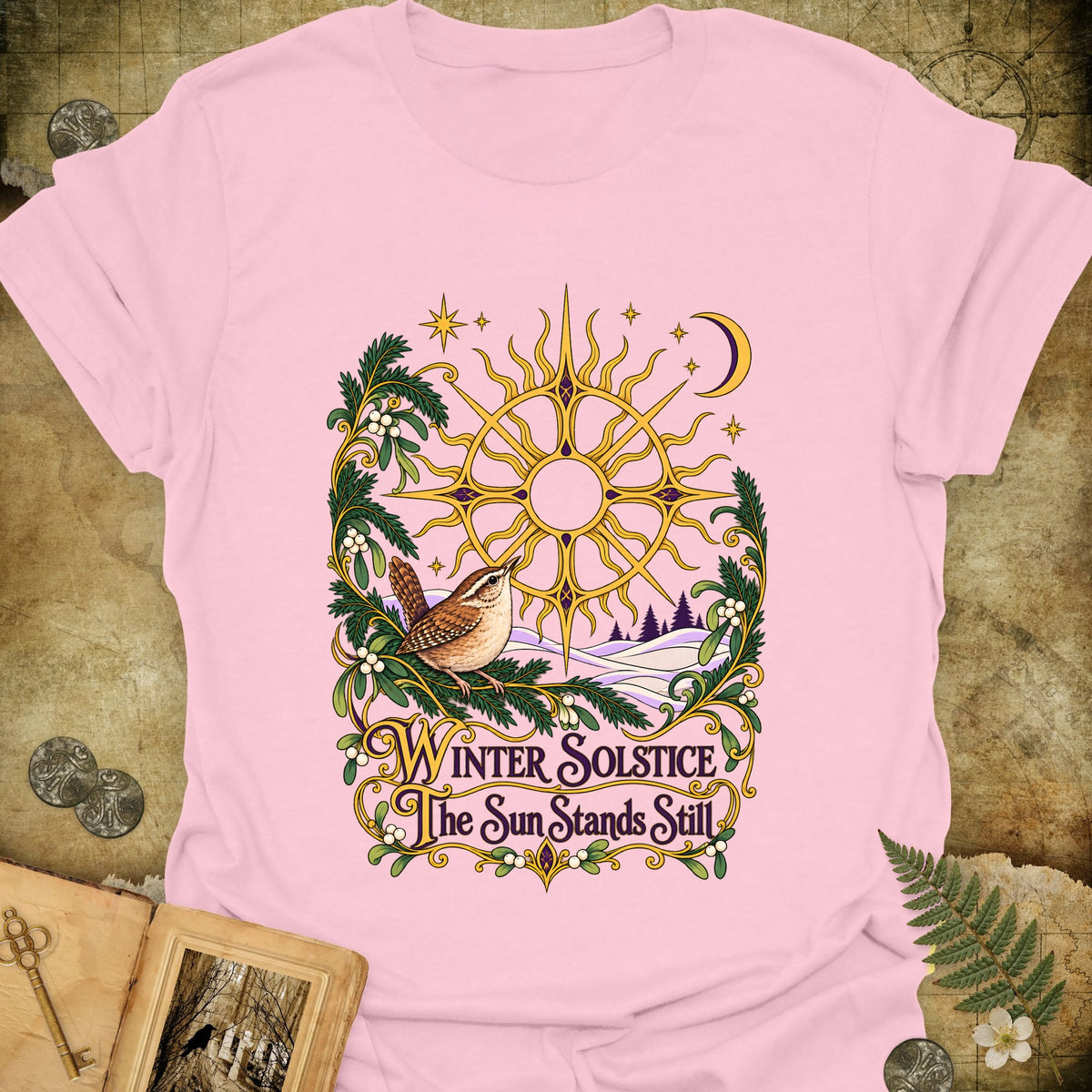 Ornate Winter Solstice Sun Wreath T-Shirt - Light Pink
