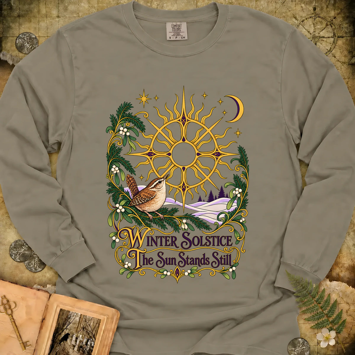 Ornate Winter Solstice Sun Wreath Long Sleeve T-Shirt - Sandstone