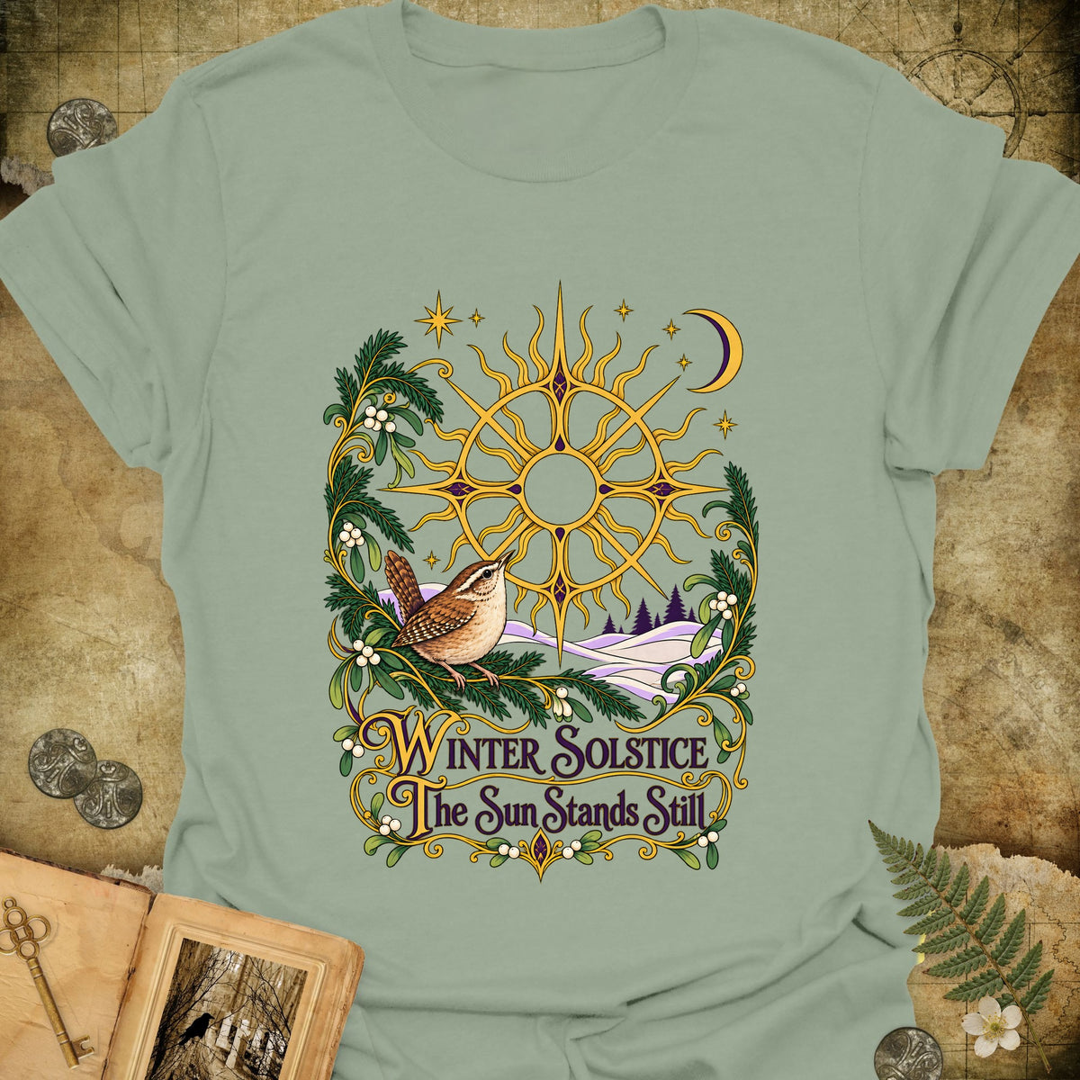 Ornate Winter Solstice Sun Wreath T-Shirt - Sage