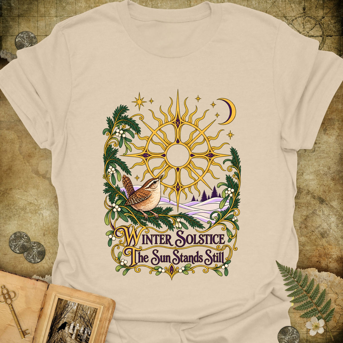 Ornate Winter Solstice Sun Wreath T-Shirt - Sand