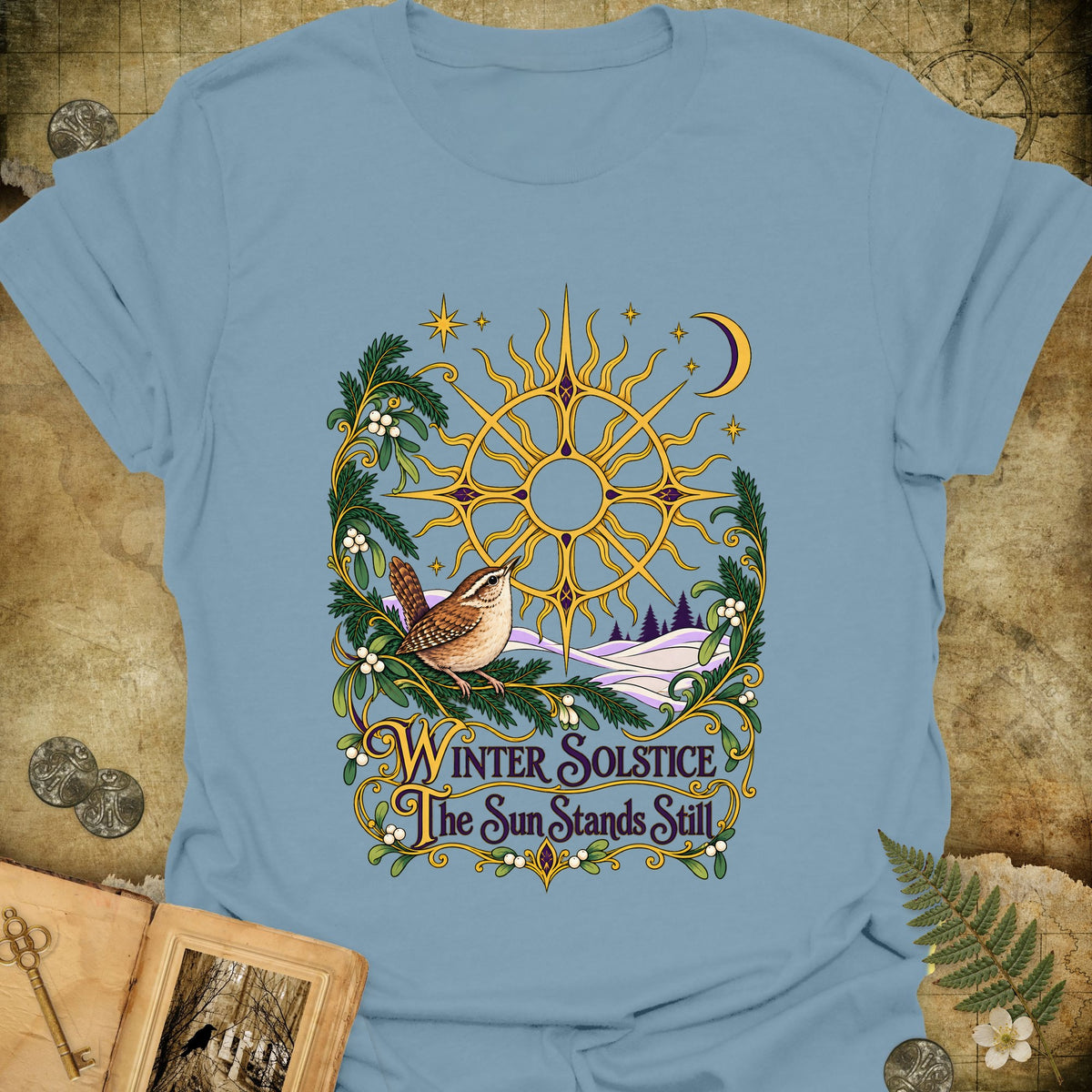 Ornate Winter Solstice Sun Wreath T-Shirt - Stone Blue