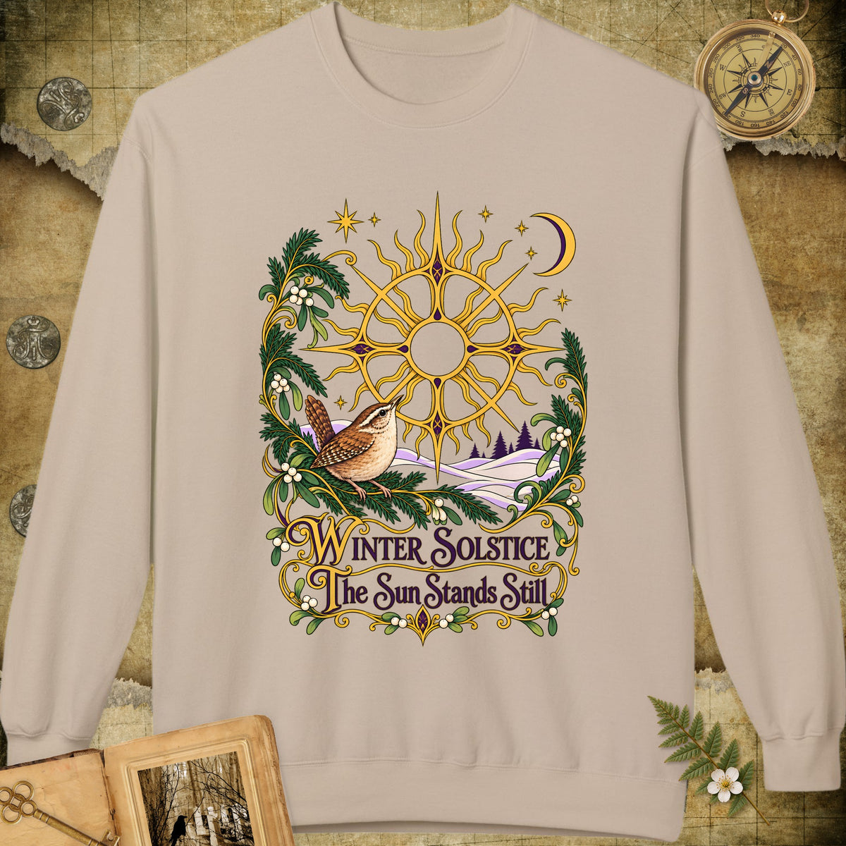 Ornate Winter Solstice Sun Wreath Sweatshirt - Sand
