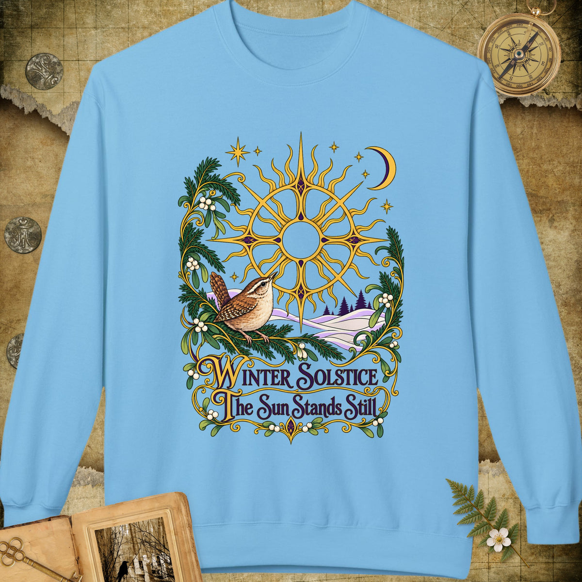 Ornate Winter Solstice Sun Wreath Sweatshirt - Sky