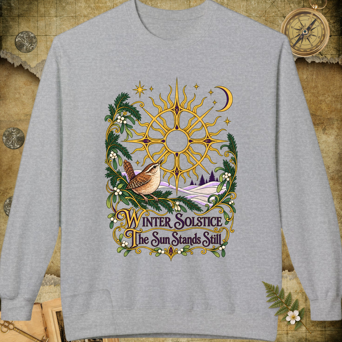 Ornate Winter Solstice Sun Wreath Sweatshirt - Sport Grey