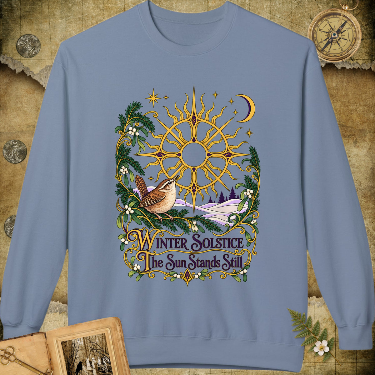 Ornate Winter Solstice Sun Wreath Sweatshirt - Stone Blue
