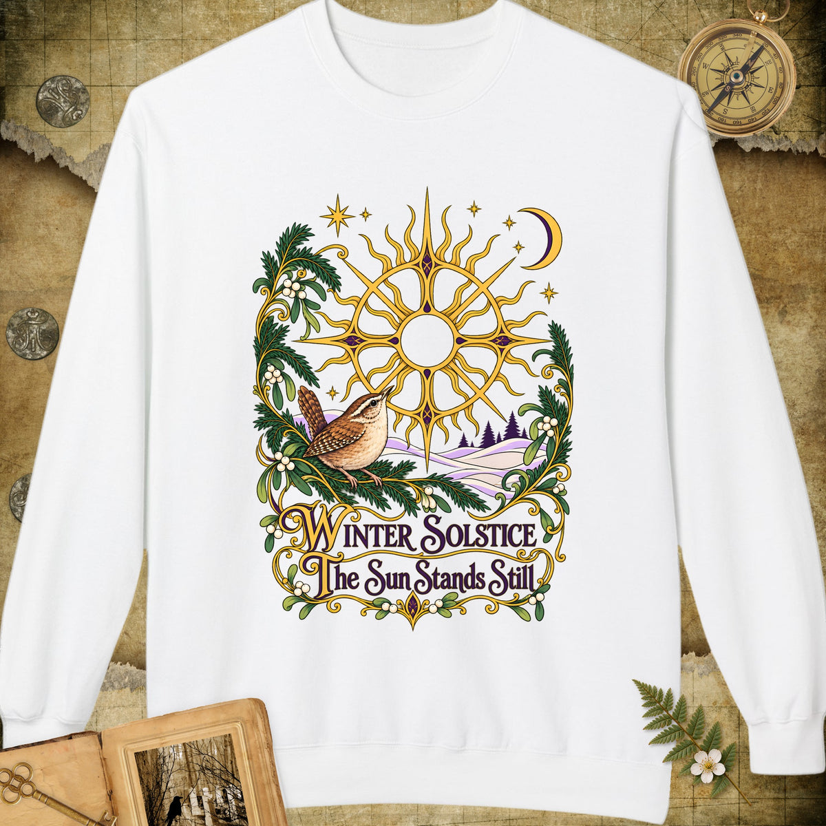 Ornate Winter Solstice Sun Wreath Sweatshirt - White