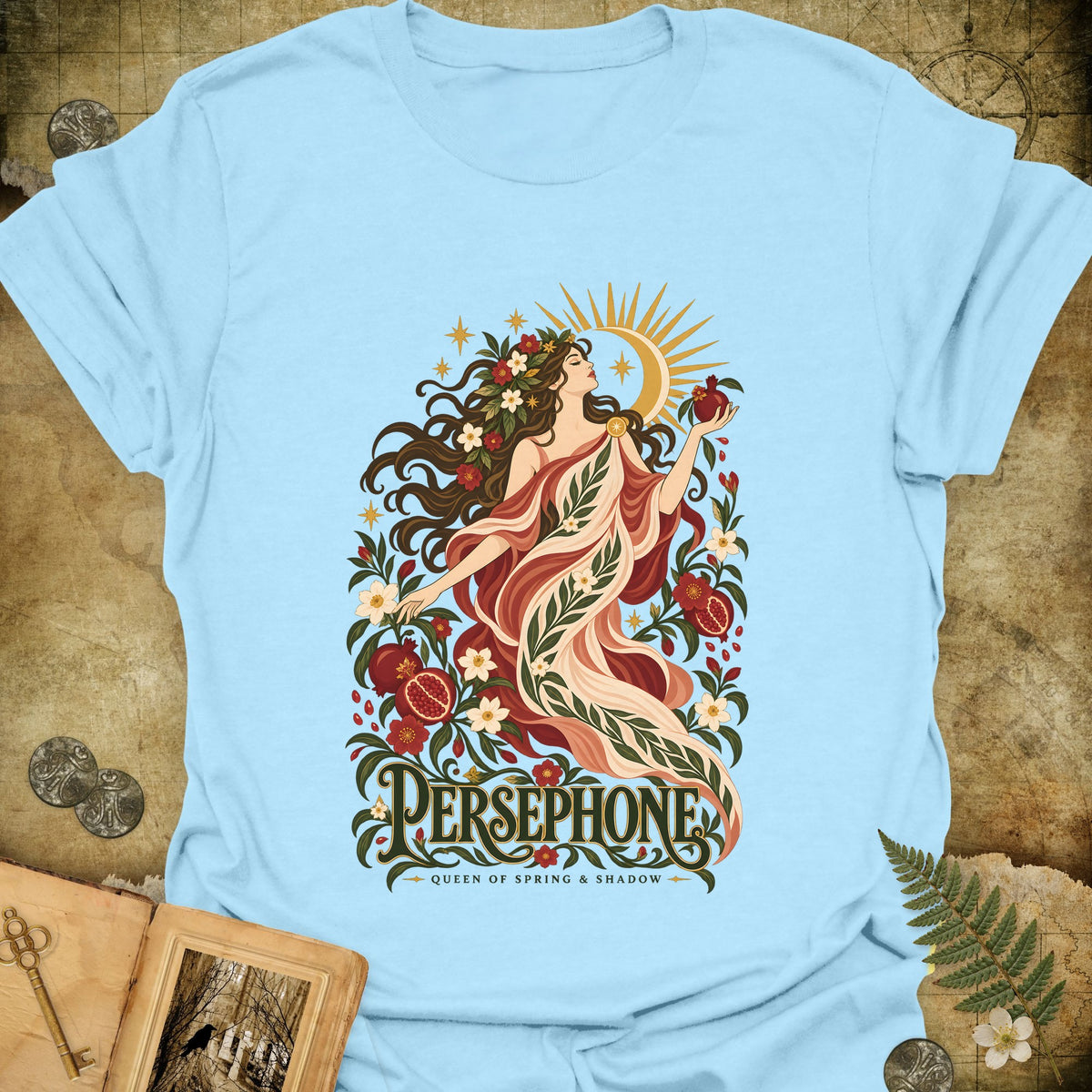 Persephone - Queen Of Spring & Shadow T-Shirt - Light Blue