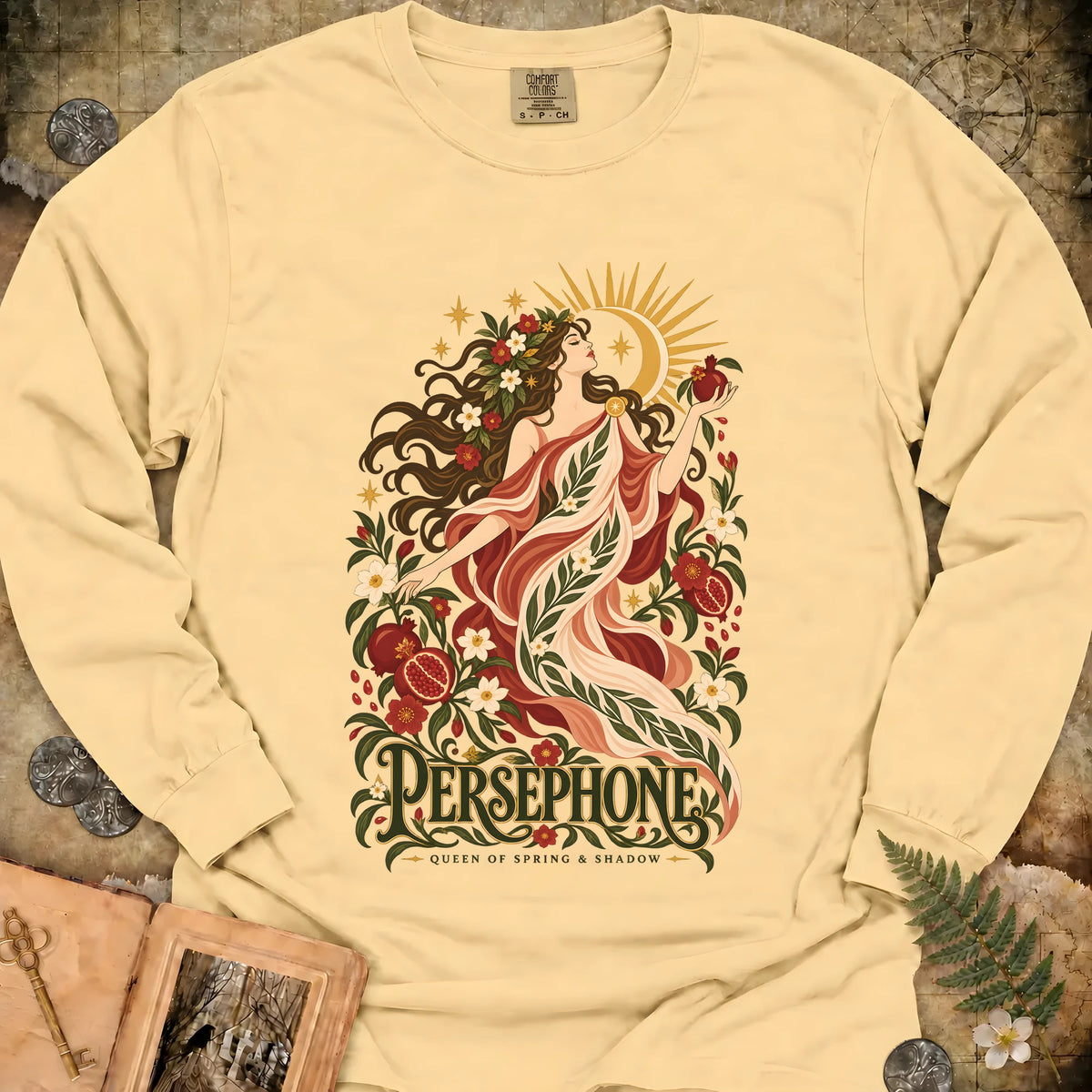 Persephone - Queen Of Spring & Shadow Long Sleeve T-Shirt - Butter