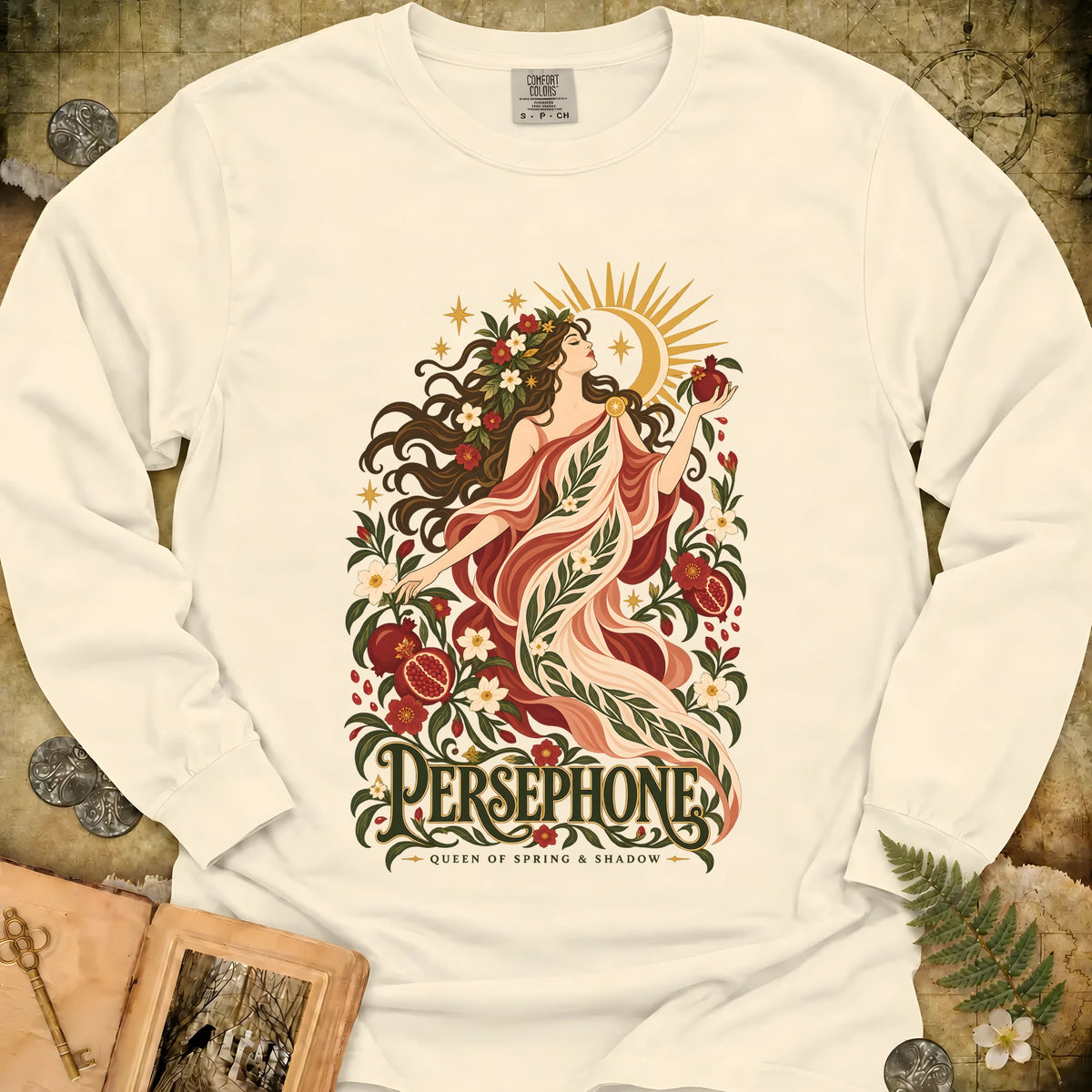 Persephone - Queen Of Spring & Shadow Long Sleeve T-Shirt - Ivory