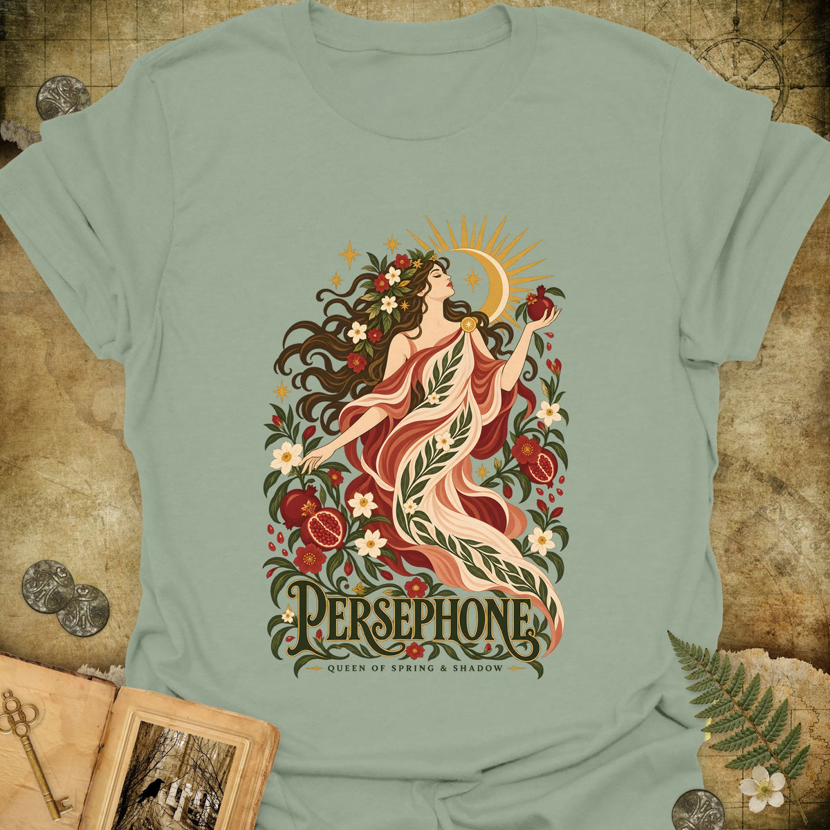 Persephone - Queen Of Spring & Shadow T-Shirt - Sage