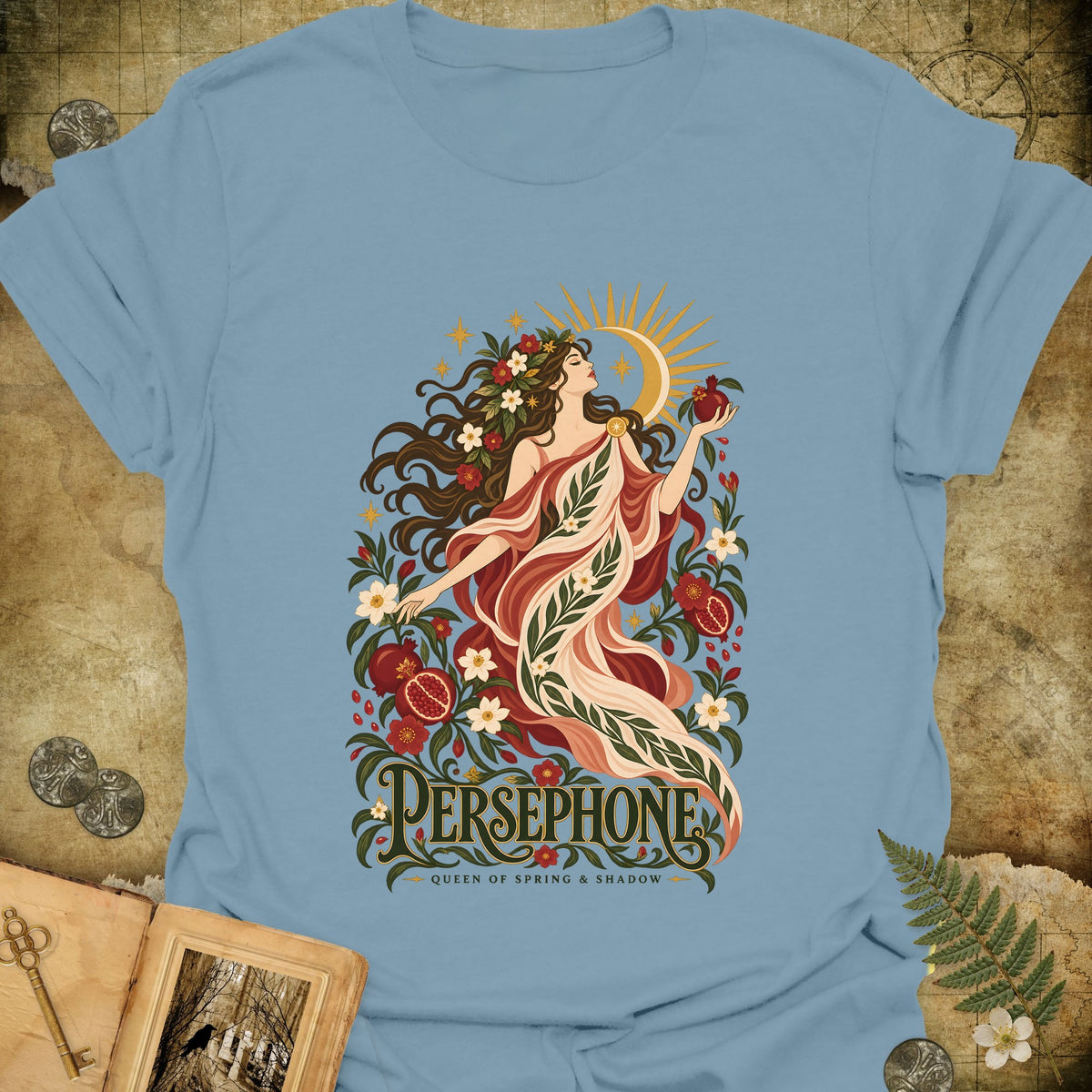 Persephone - Queen Of Spring & Shadow T-Shirt - Stone Blue
