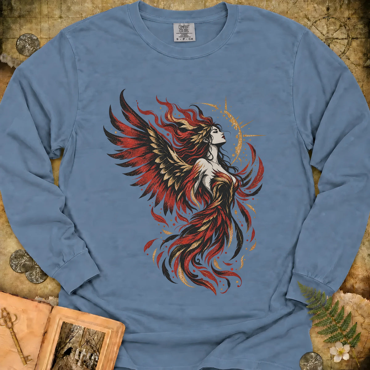 Phoenix Goddess Long Sleeve T-Shirt - Blue Jean