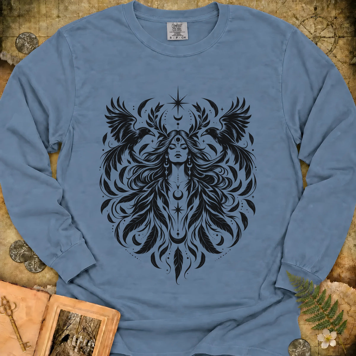 Raven Goddess Long Sleeve T-Shirt - Blue Jean