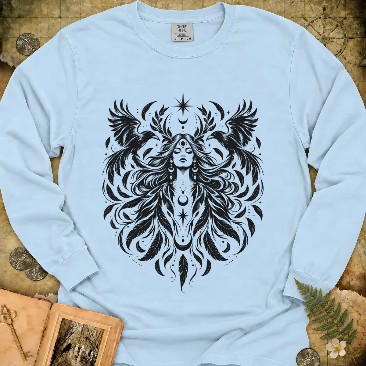 Raven Goddess Long Sleeve T-Shirt - Chambray