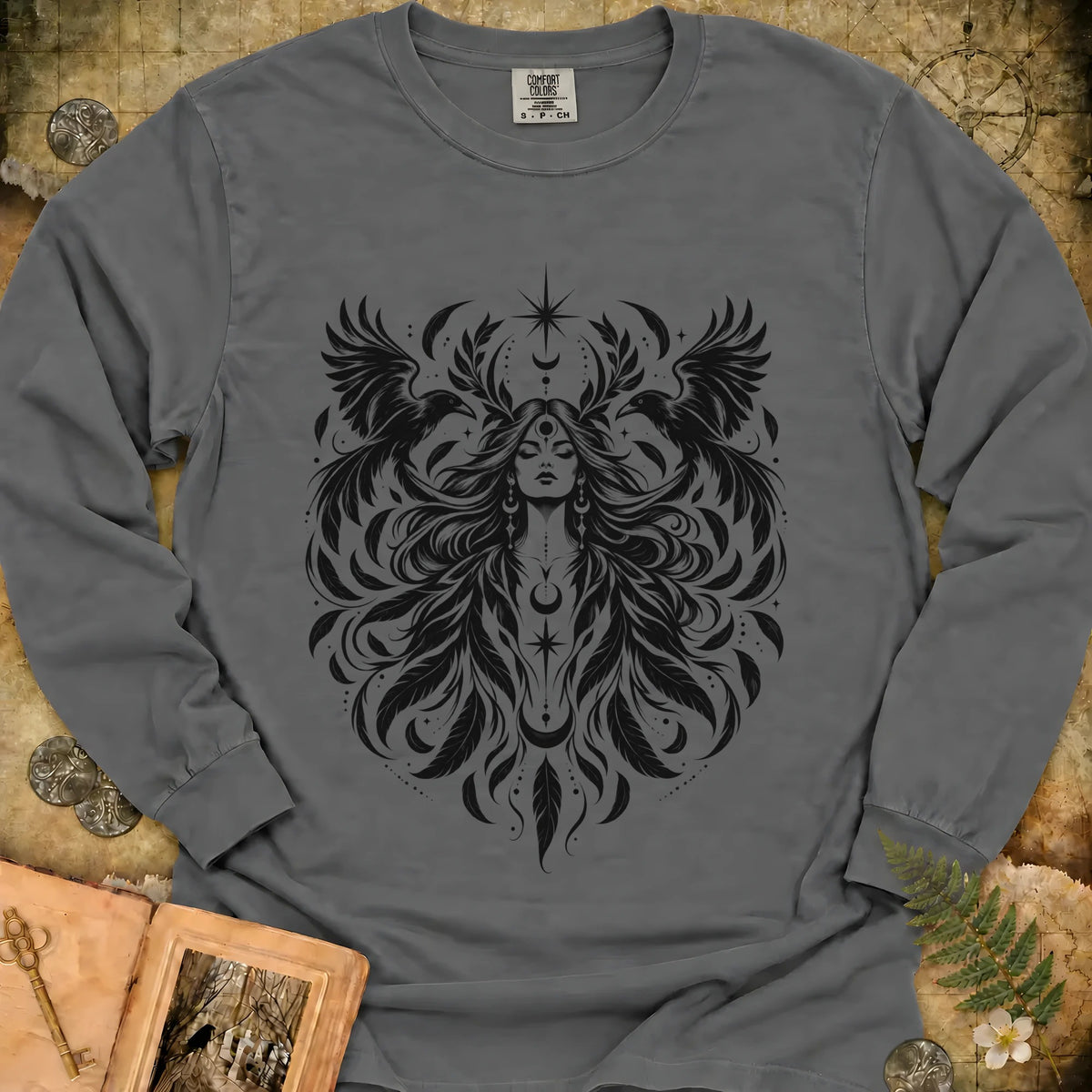 Raven Goddess Long Sleeve T-Shirt - Granite