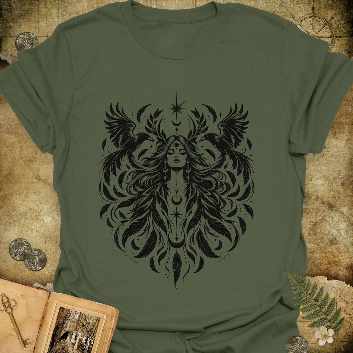 Raven Goddess T-Shirt - Military Green