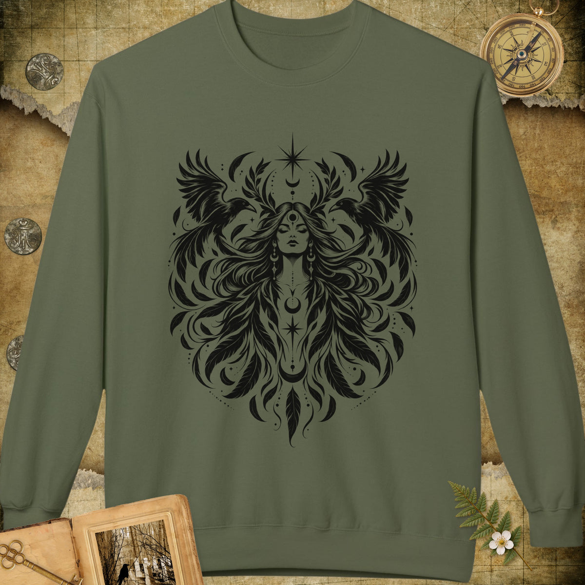 Raven Goddess Sweatshirt - Military Green