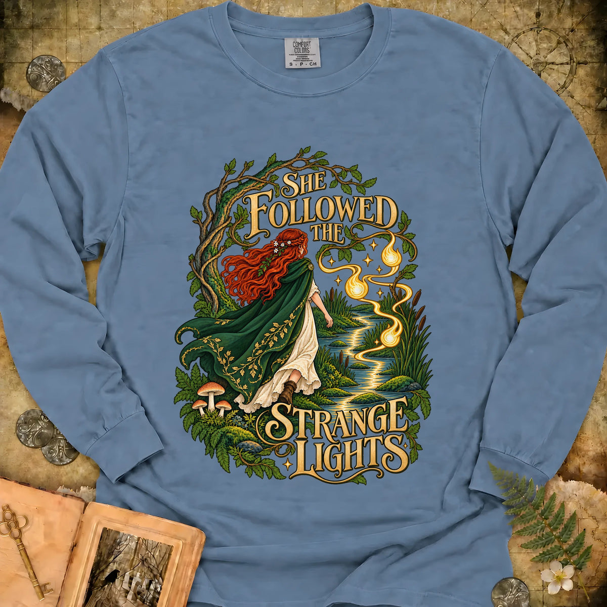 She Followed The Strange Lights Long Sleeve T-Shirt - Blue Jean