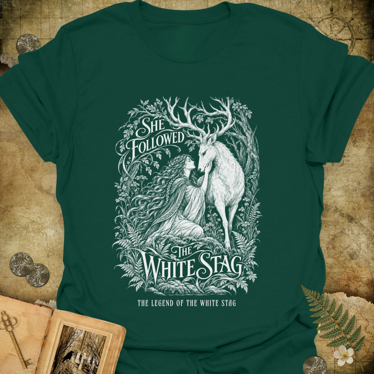She Followed The White Stag T-Shirt - Forest Green