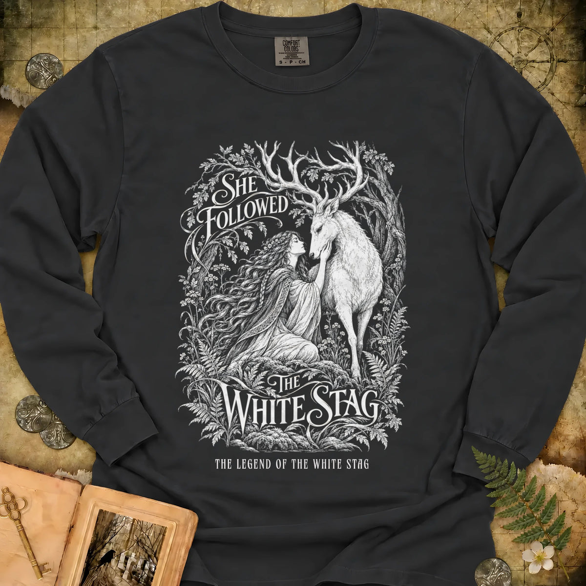 She Followed The White Stag Long Sleeve T-Shirt - Black