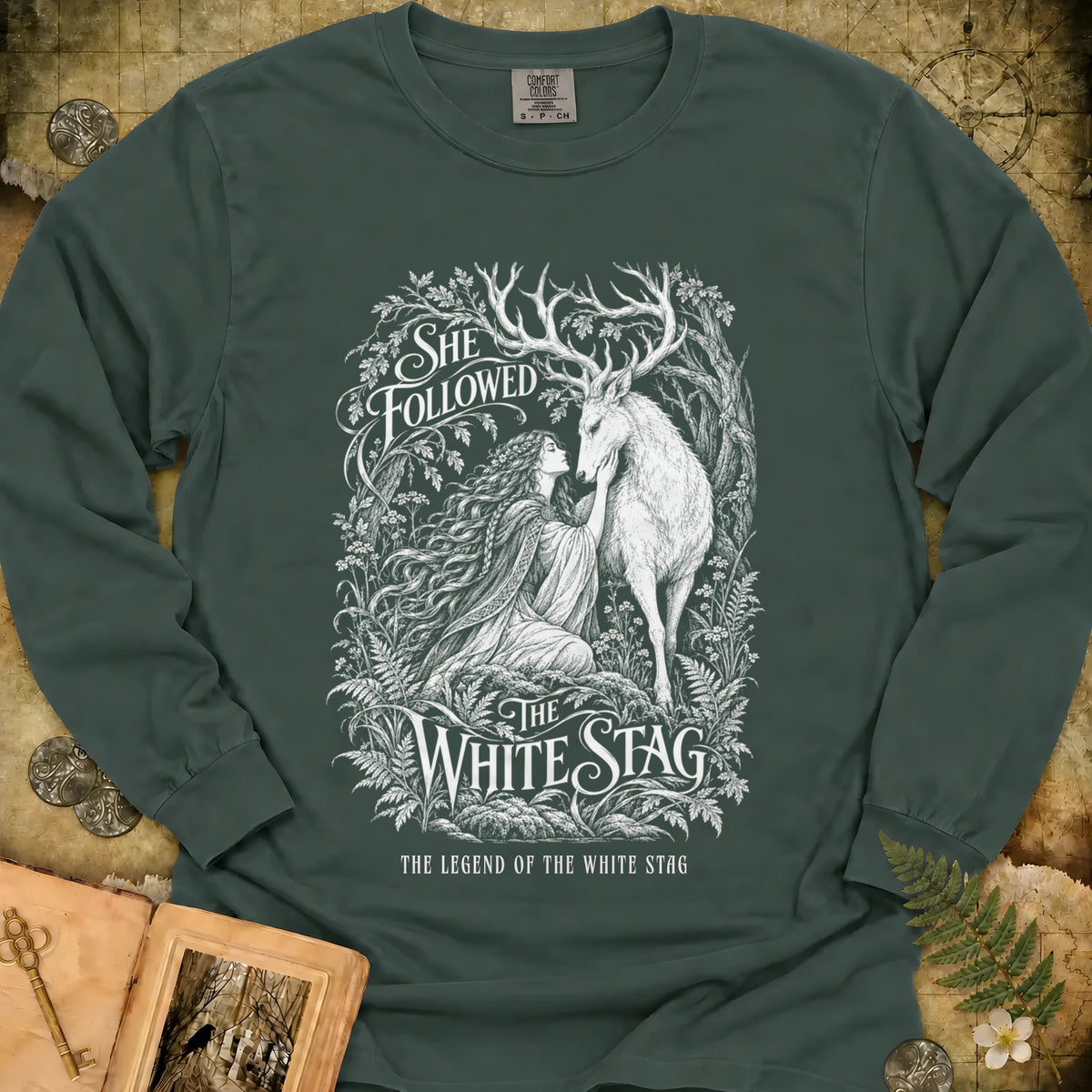 She Followed The White Stag Long Sleeve T-Shirt - Blue Spruce