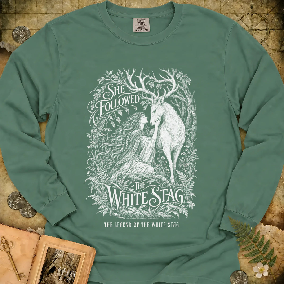 She Followed The White Stag Long Sleeve T-Shirt - Light Green