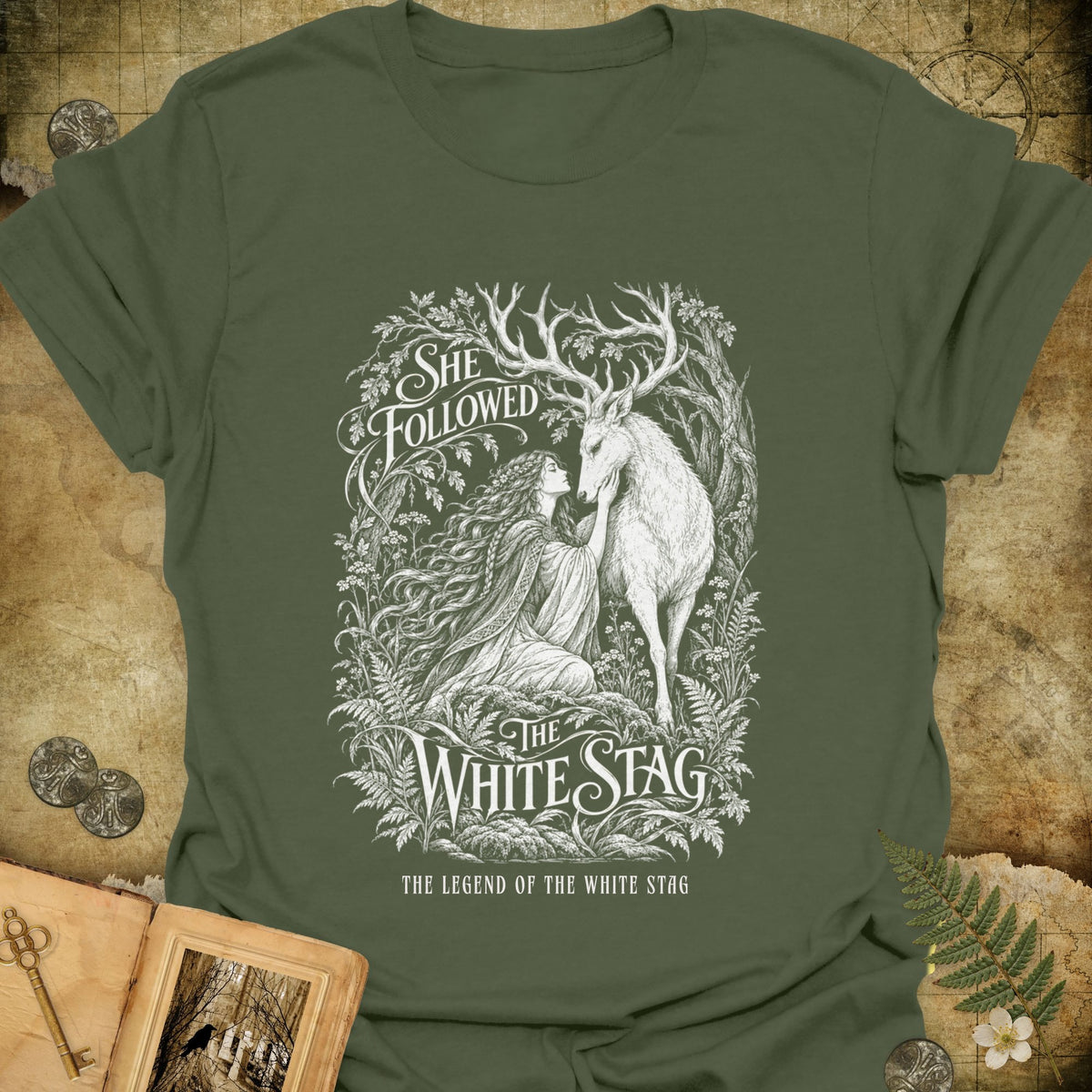 She Followed The White Stag T-Shirt - Military Green