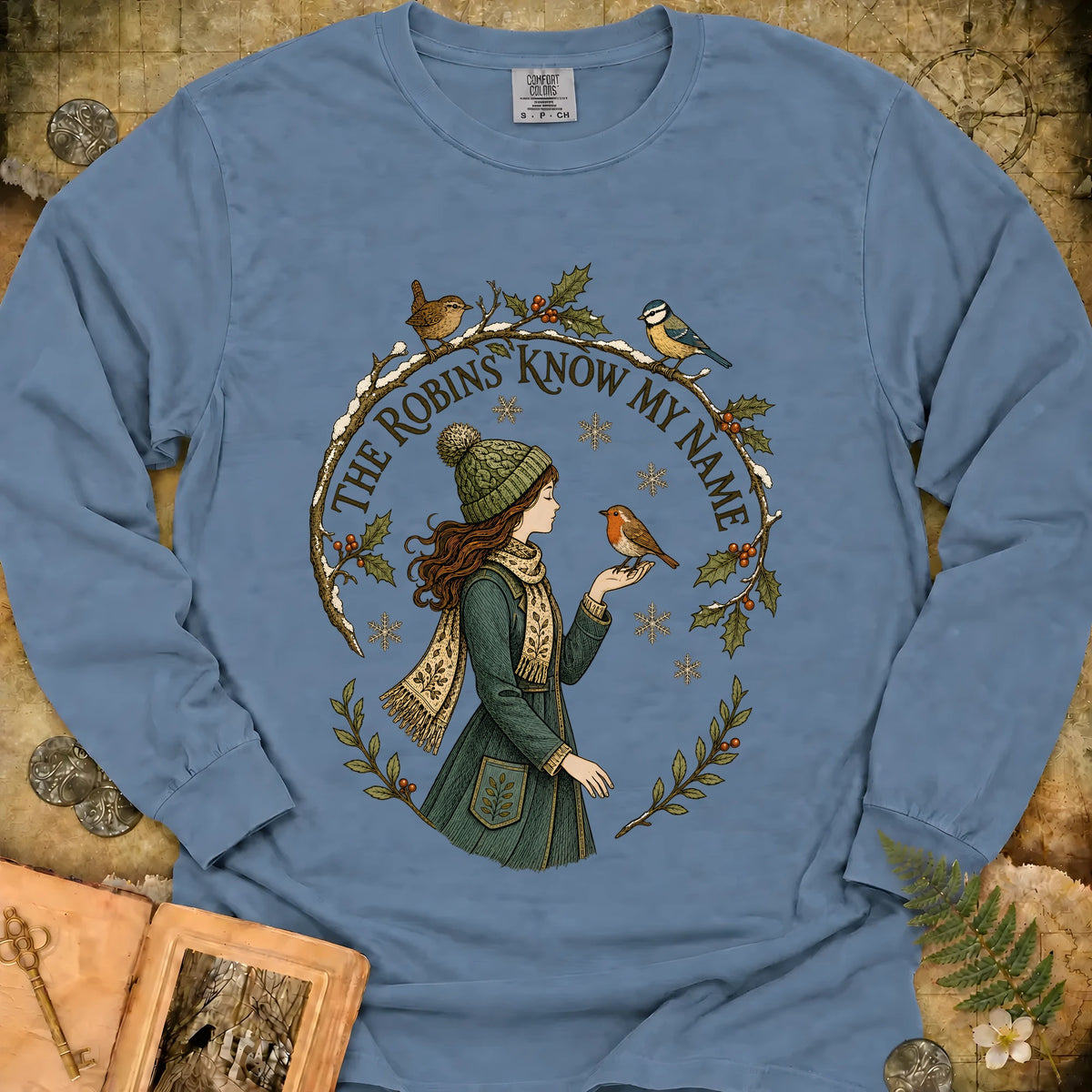 The Robins Know My Name Long Sleeve T-Shirt - Blue Jean
