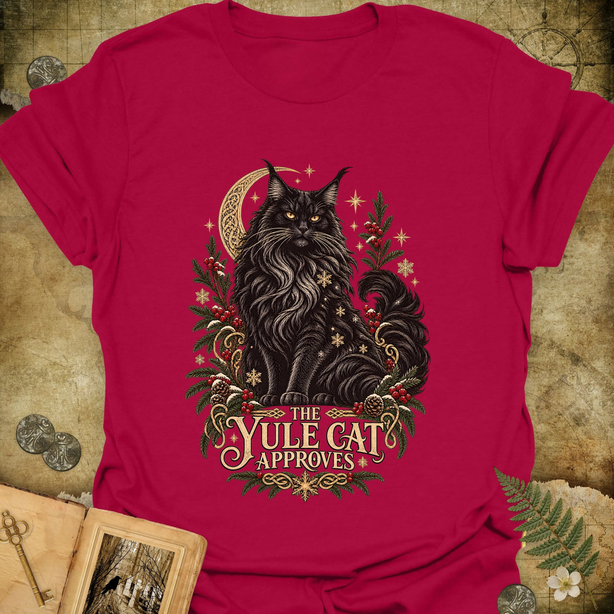 The Yule Cat Approves T-Shirt - Antique Cherry Red