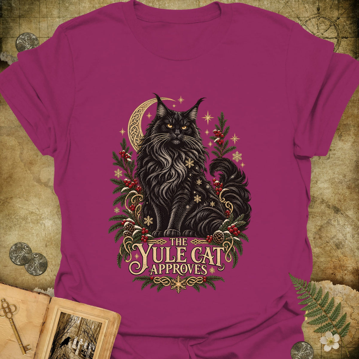 The Yule Cat Approves T-Shirt - Antique Heliconia