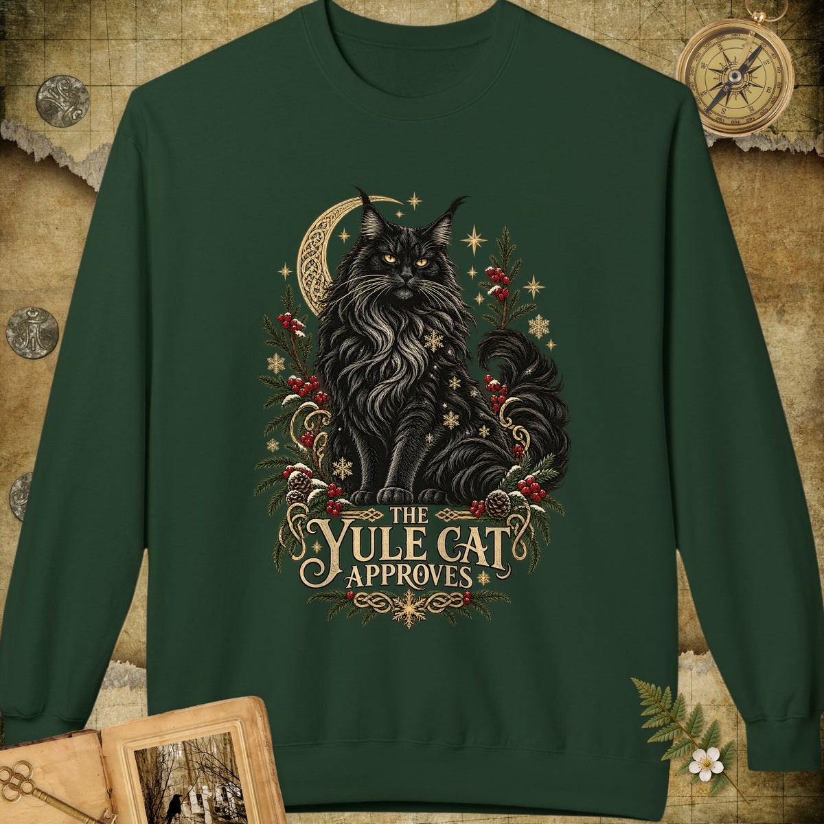 The Yule Cat Approves Sweatshirt - Forest Green