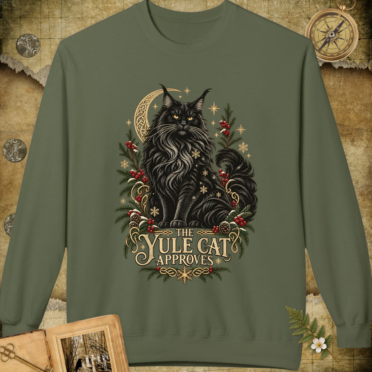 The Yule Cat Approves Sweatshirt - Military Green