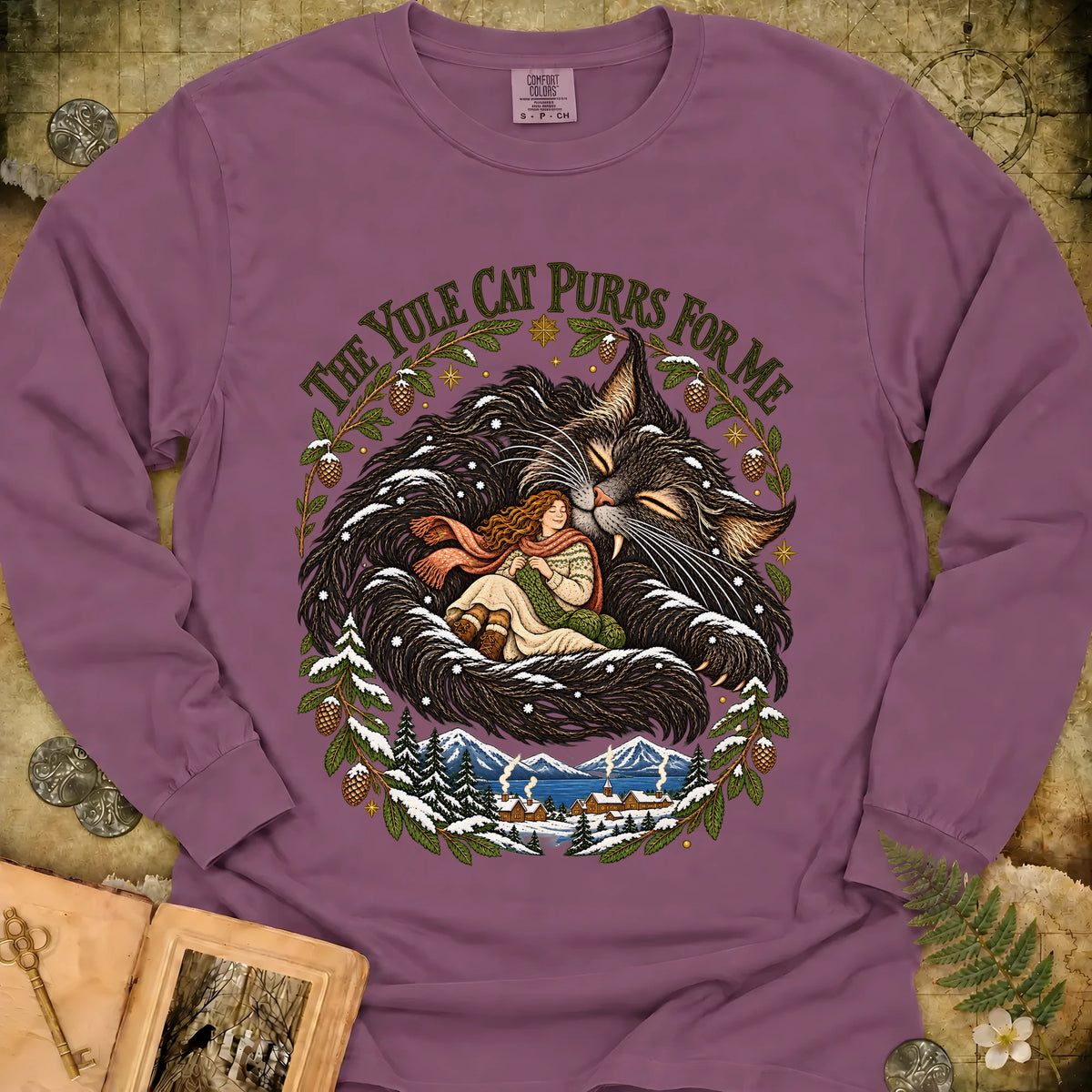 The Yule Cat Purrs For Me Long Sleeve T-Shirt - Berry