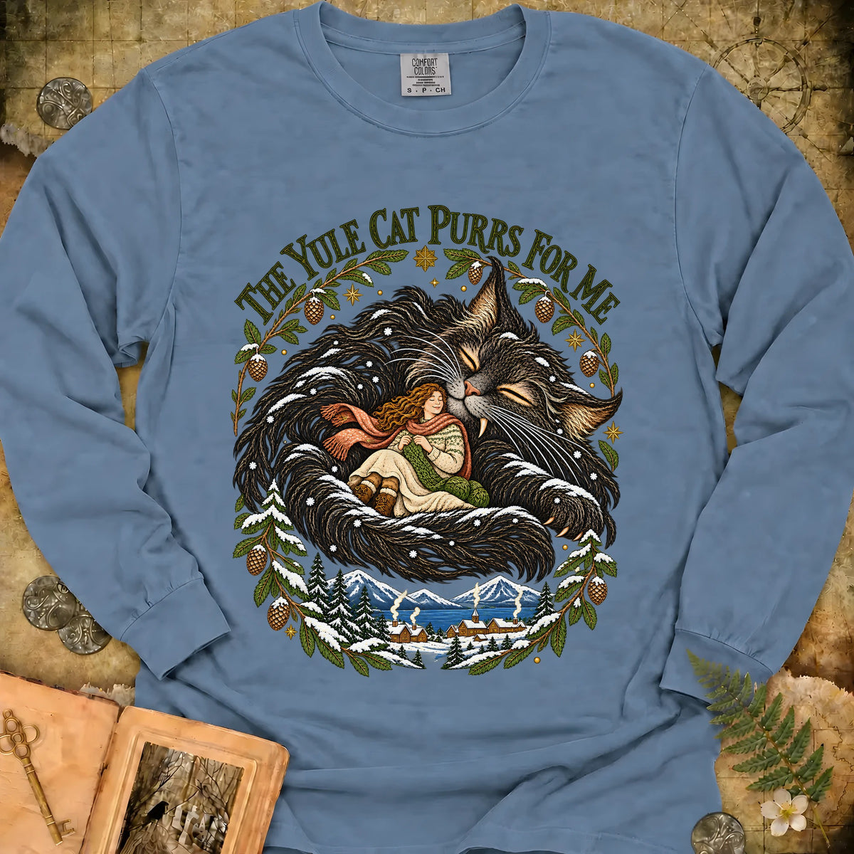 The Yule Cat Purrs For Me Long Sleeve T-Shirt - Blue Jean