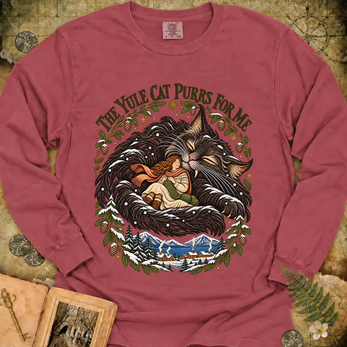The Yule Cat Purrs For Me Long Sleeve T-Shirt - Brick