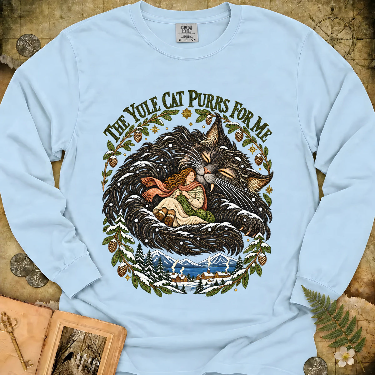 The Yule Cat Purrs For Me Long Sleeve T-Shirt - Chambray