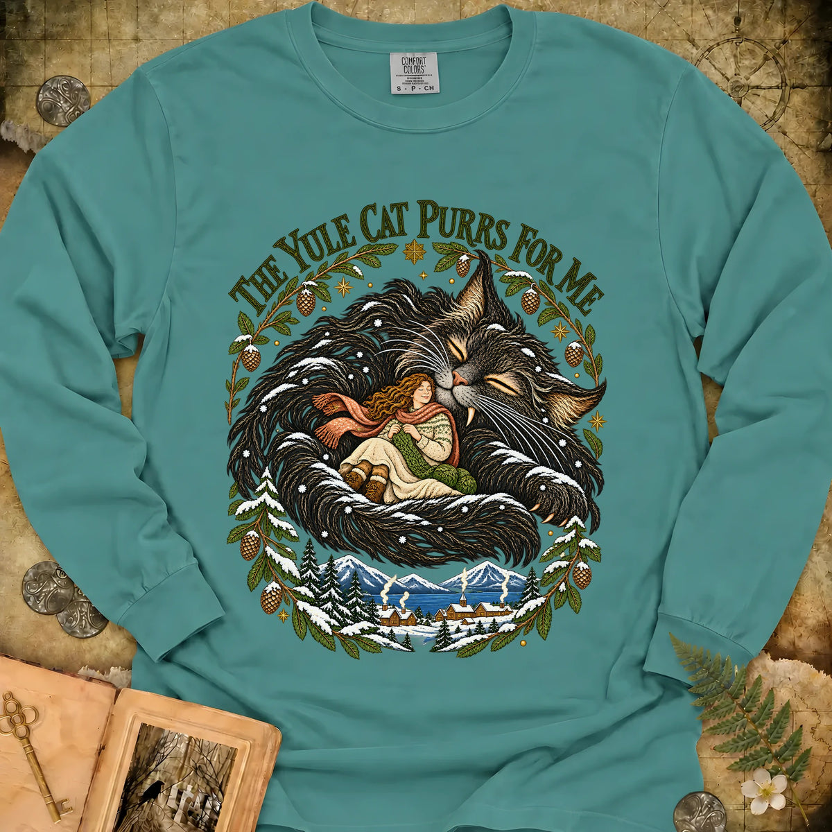 The Yule Cat Purrs For Me Long Sleeve T-Shirt - Seafoam
