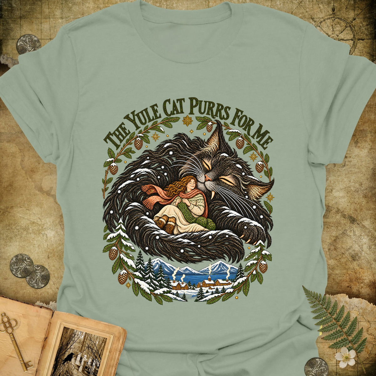 The Yule Cat Purrs For Me T-Shirt - Sage