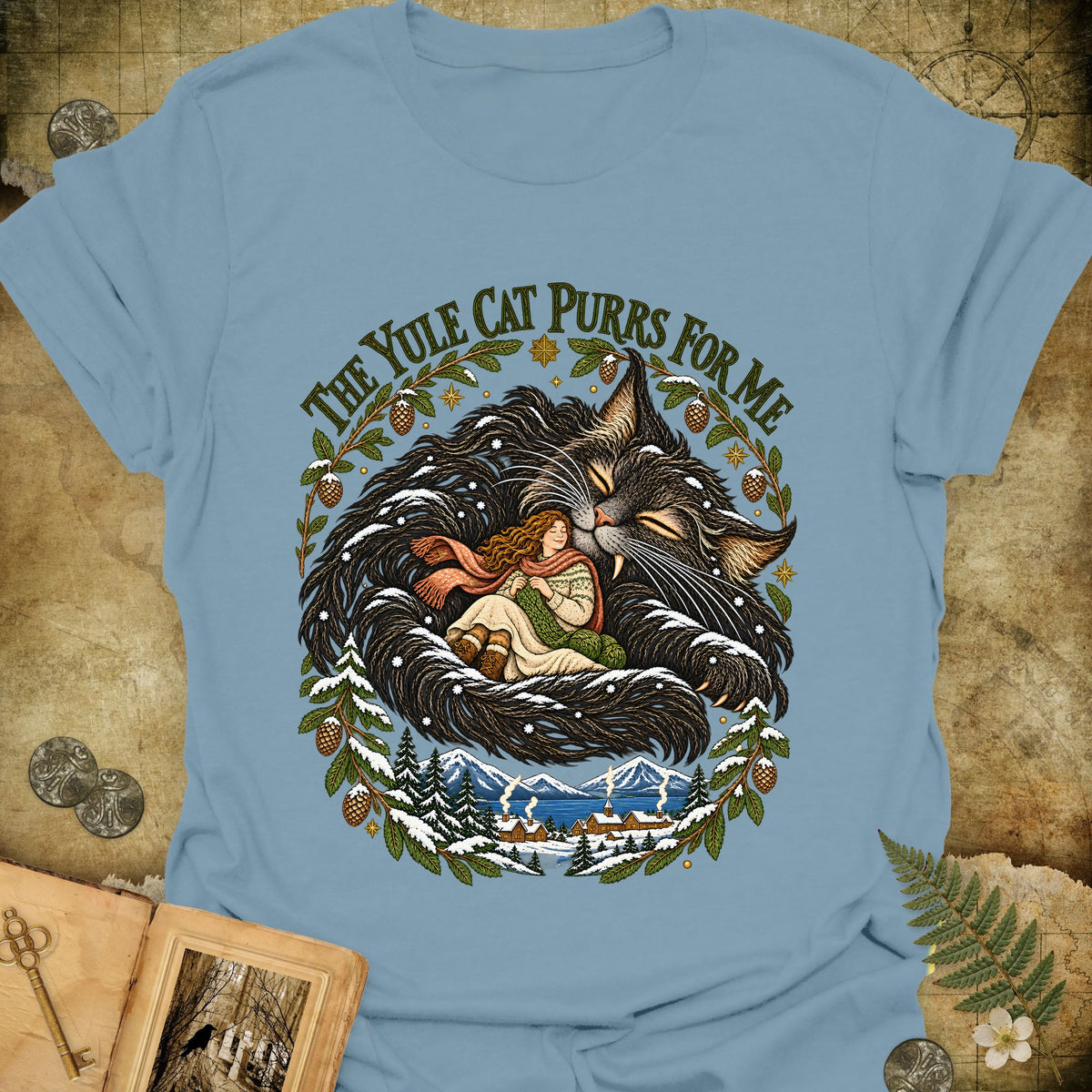 The Yule Cat Purrs For Me T-Shirt - Stone Blue