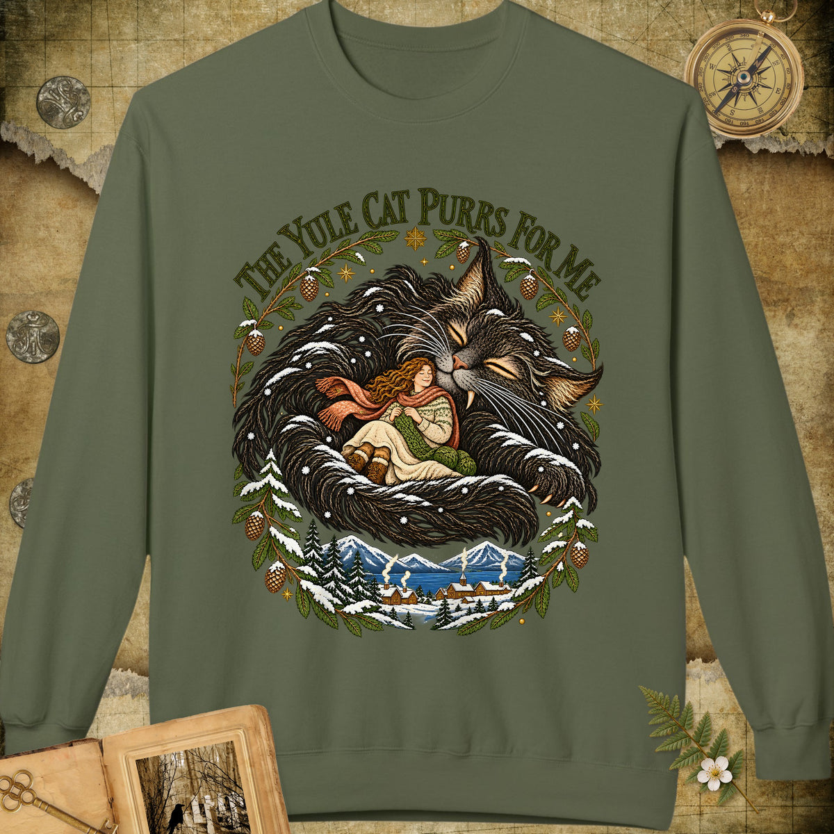 The Yule Cat Purrs For Me Sweatshirt - Military Green