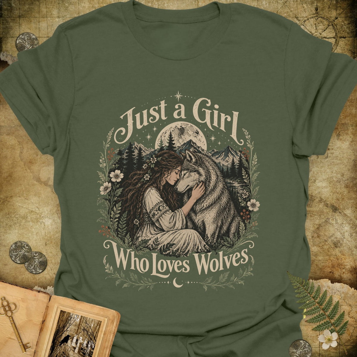TLWIF Studio | Military Green | Just a Girl Who Loves Wolves T-Shirt