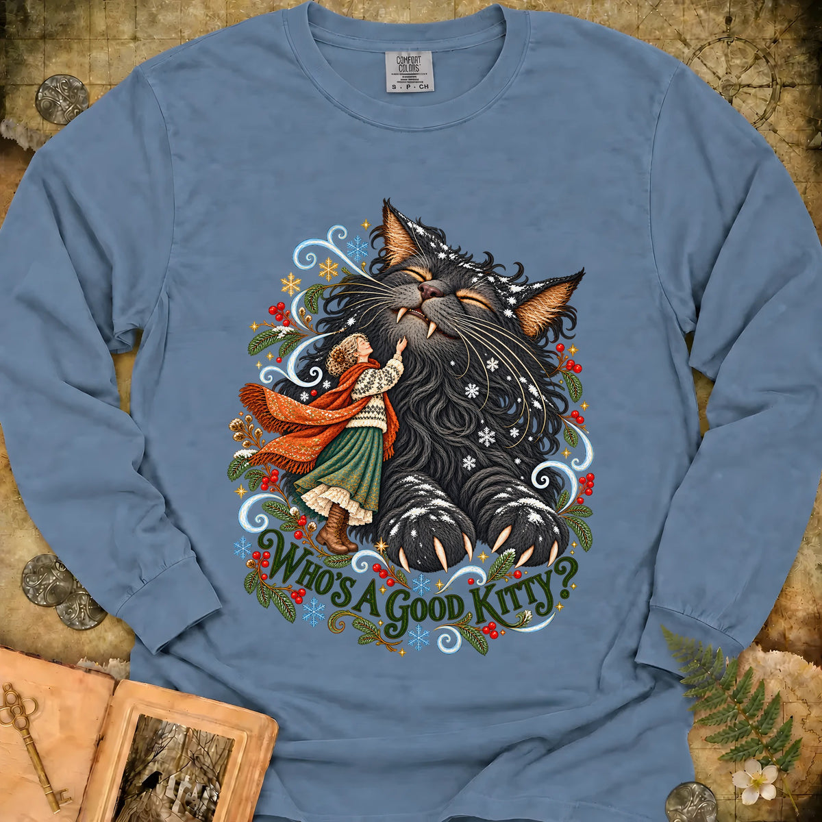 Who's A Good Kitty Long Sleeve T-Shirt - Blue Jean