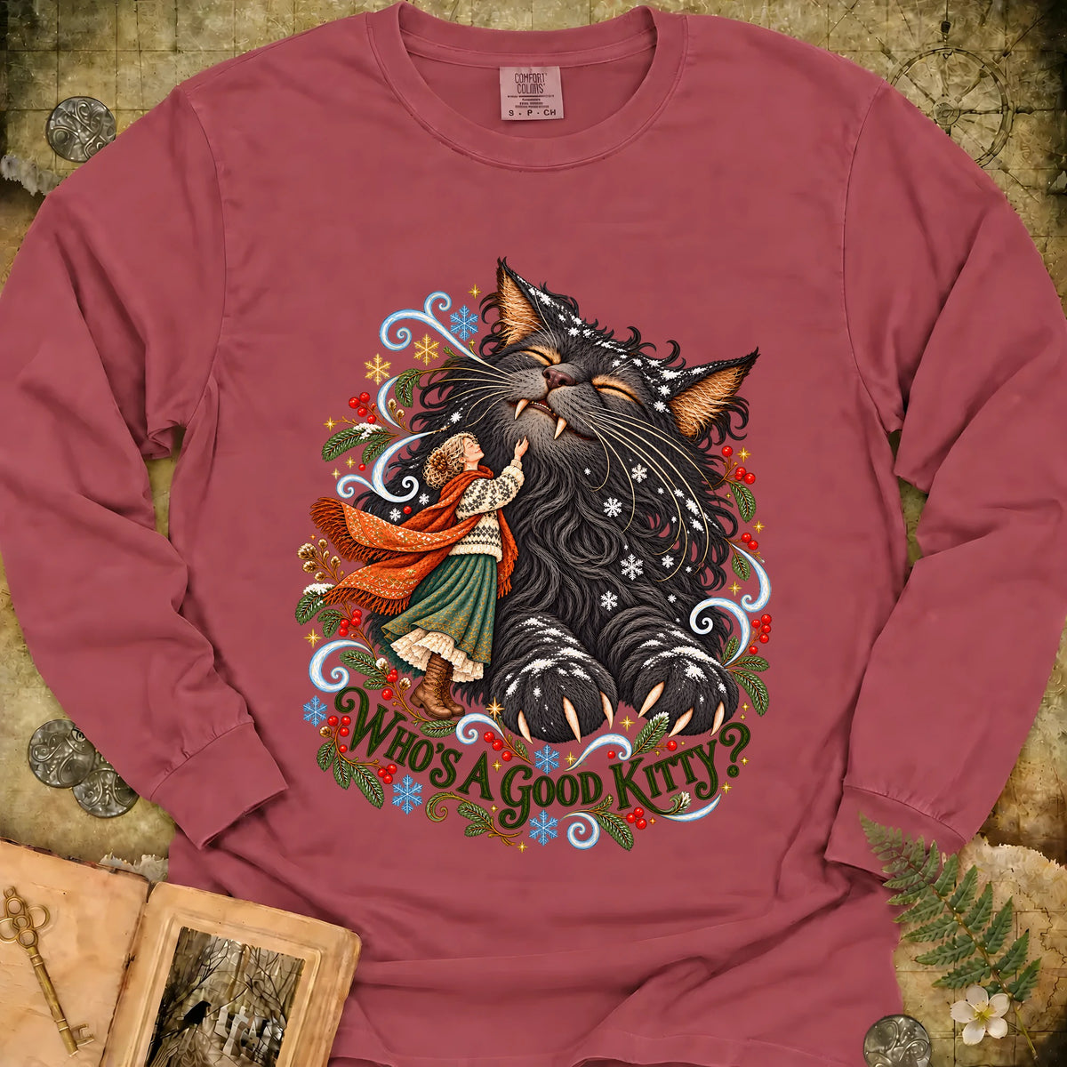 Who's A Good Kitty Long Sleeve T-Shirt - Brick