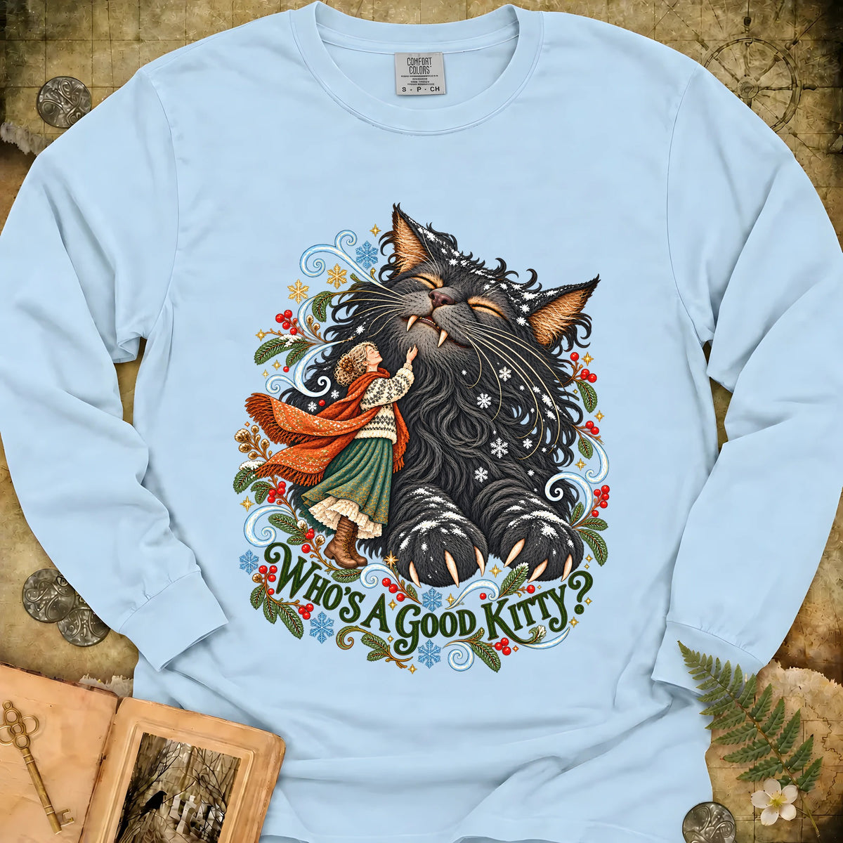 Who's A Good Kitty Long Sleeve T-Shirt - Chambray