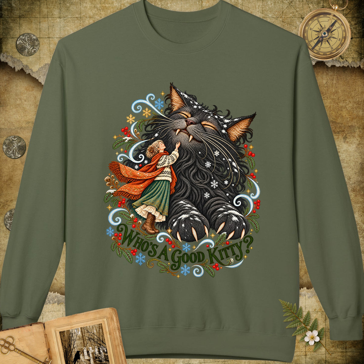 Who's A Good Kitty Sweatshirt - Military Green