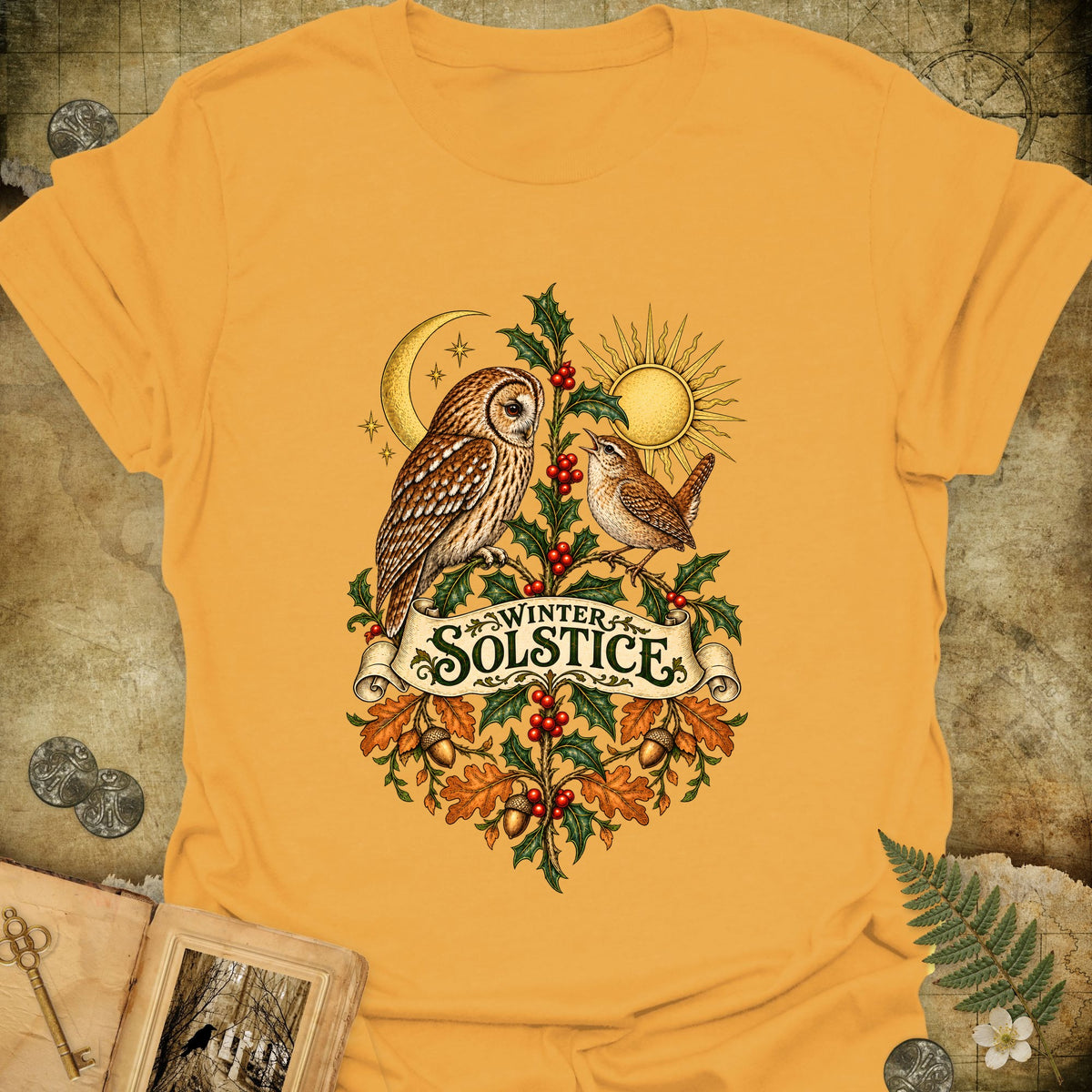 Winter Solstice Botanical Crest T-Shirt - Gold